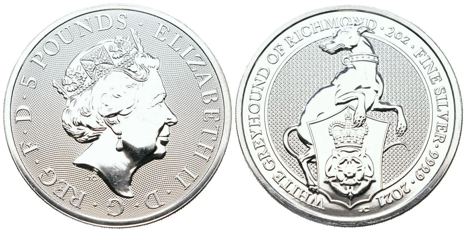 Velká Británie, 5 Pounds 2021 - 2 Oz (White Greyhound of Richmond)