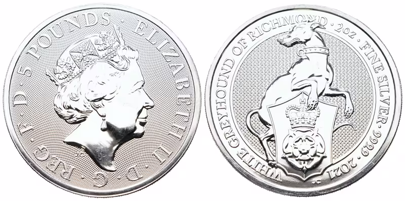 Velká Británie, 5 Pounds 2021 - 2 Oz (White Greyhound of Richmond)