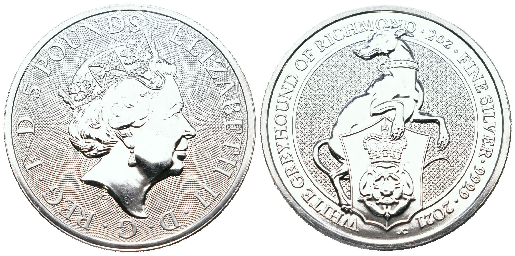 Velká Británie, 5 Pounds 2021 - 2 Oz (White Greyhound of Richmond)