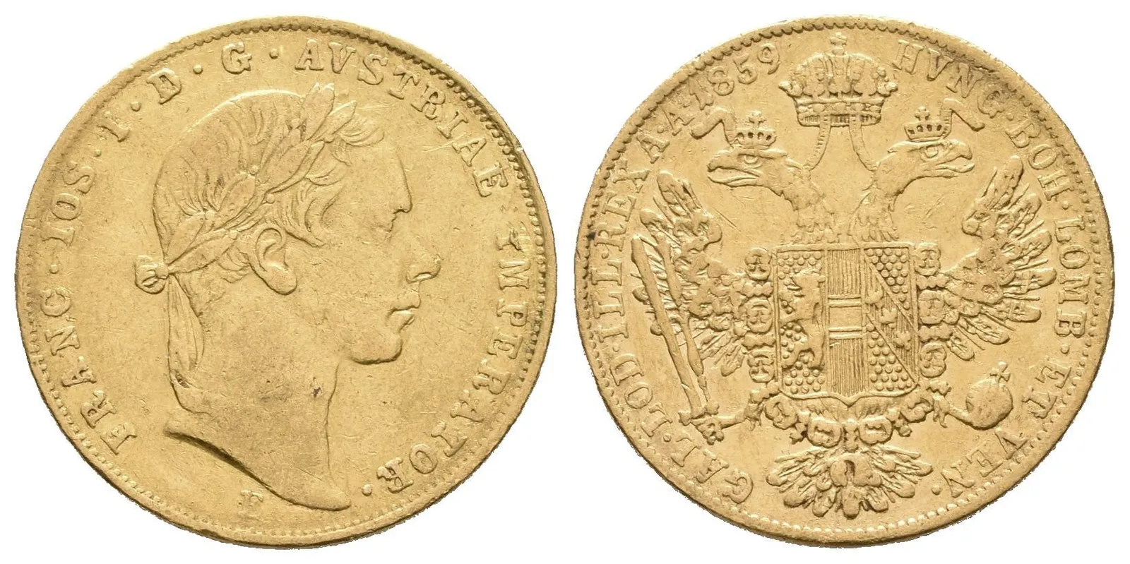 Dukát 1859 E, patina, škr. a lehce zvlněn — 1