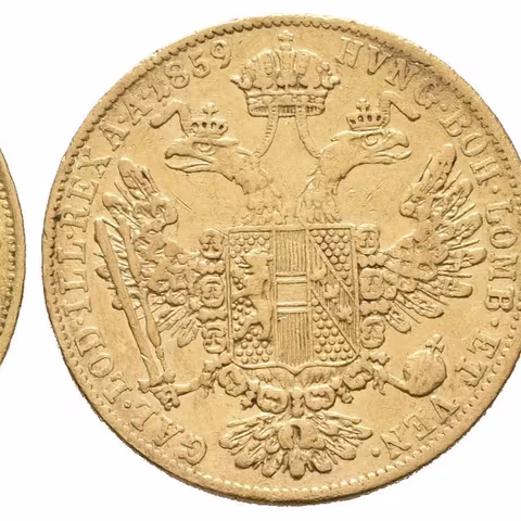 Dukát 1859 E, patina, škr. a lehce zvlněn