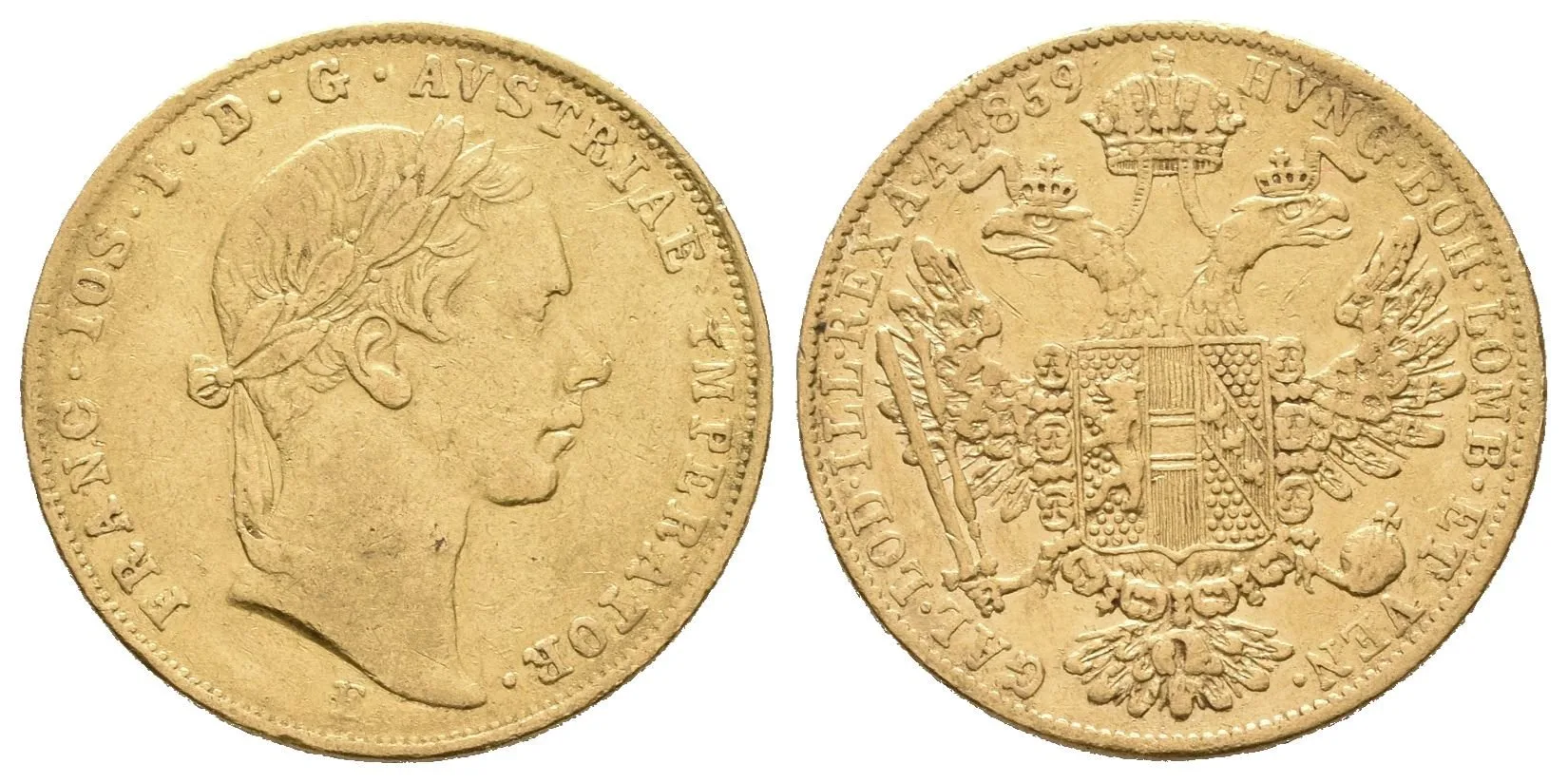 Dukát 1859 E, patina, škr. a lehce zvlněn — 1