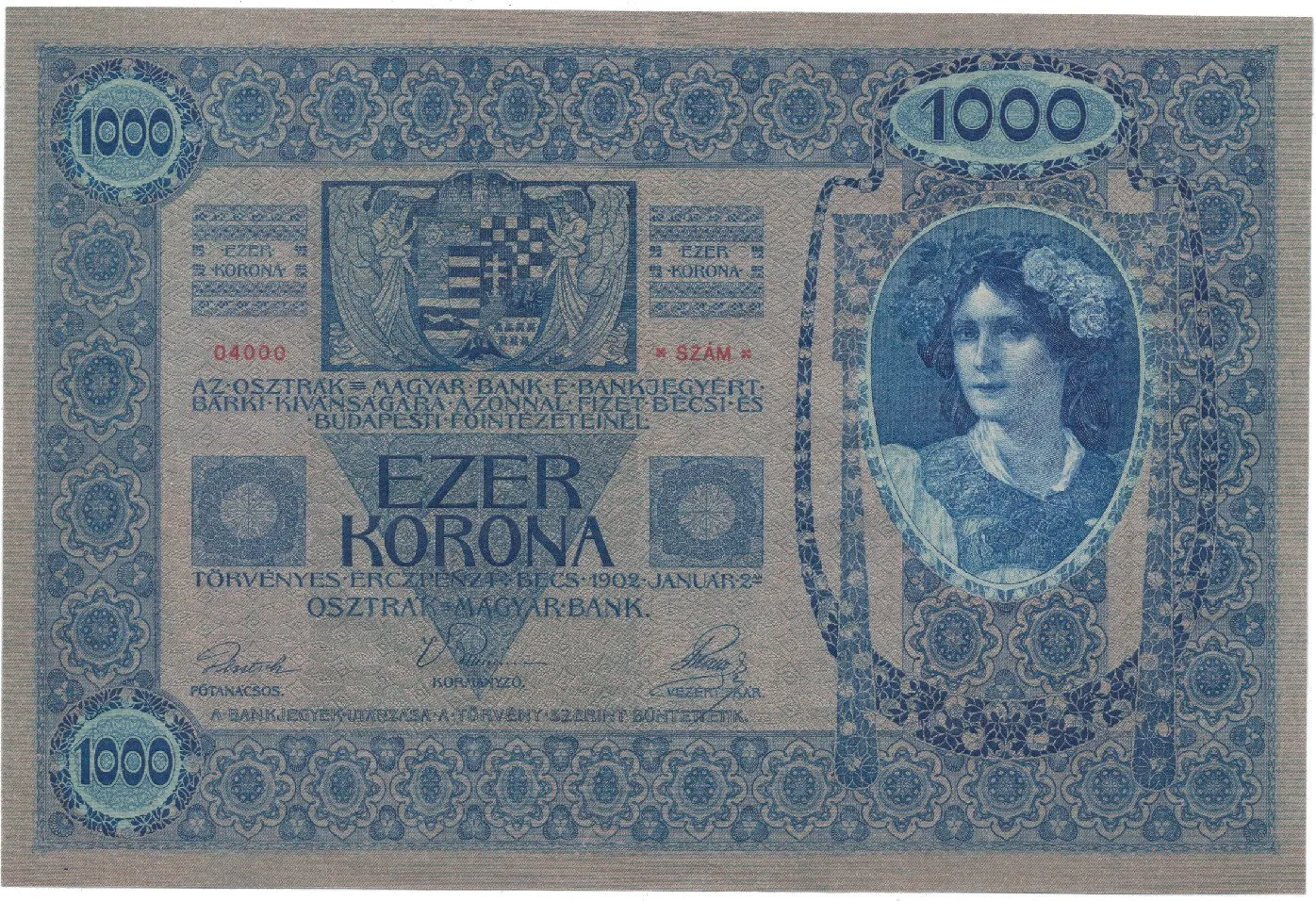 Rakousko - Uhersko, 1000 Koruna 1902, kontr. číslo 04000, bez přetisku, Hej.RU5b
