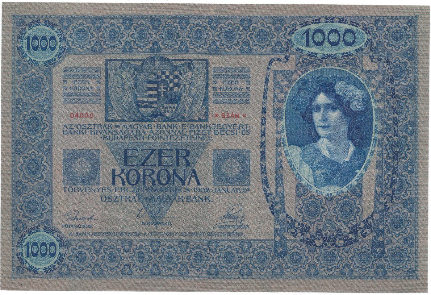 Rakousko - Uhersko, 1000 Koruna 1902, kontr. číslo 04000, bez přetisku, Hej.RU5b