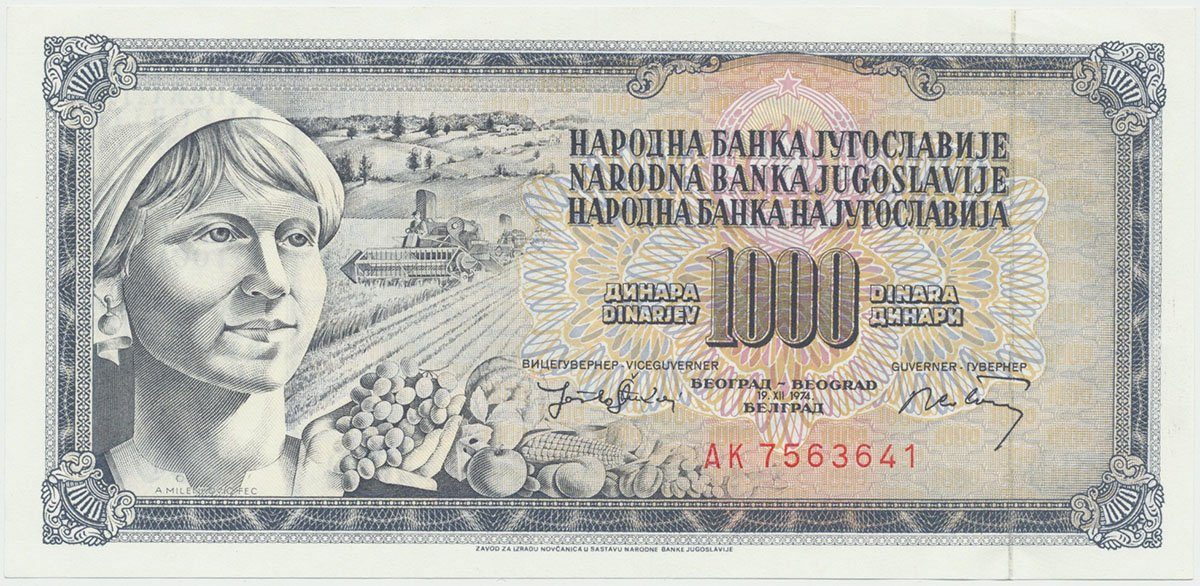 Jugoslávie, 1000 Dinara 1974, P.86