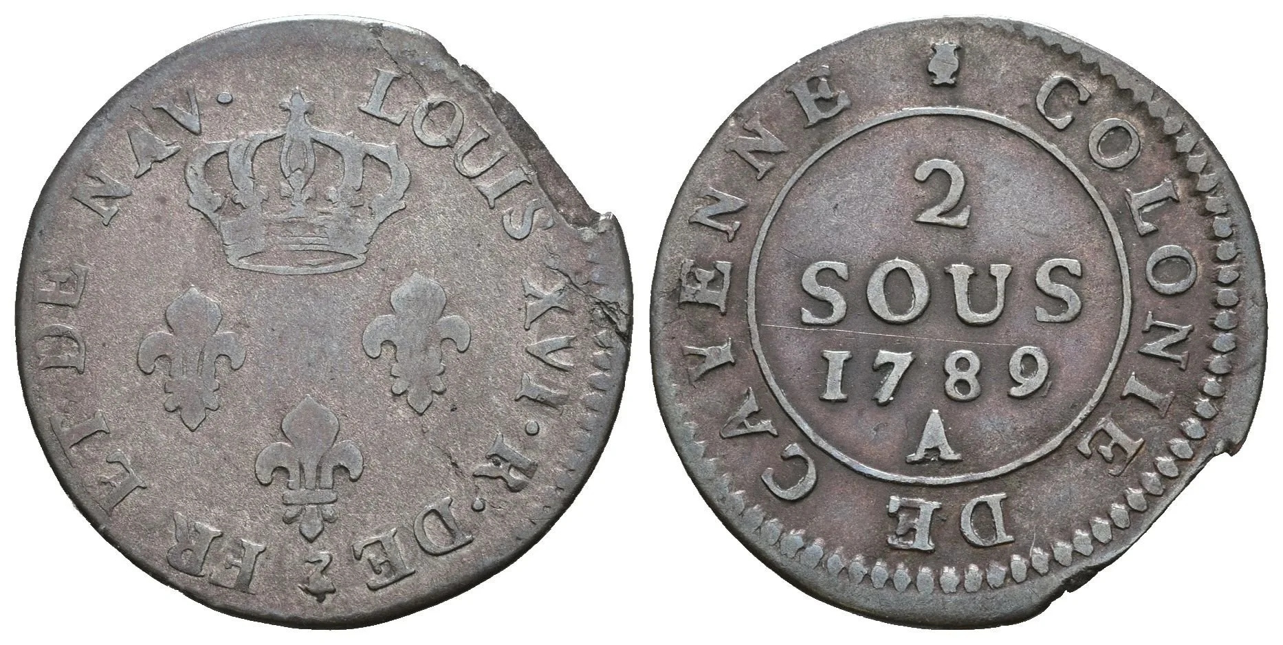 2 Sous 1789 A, Paříž, KM.1, patina, vada střížku na hraně — 1