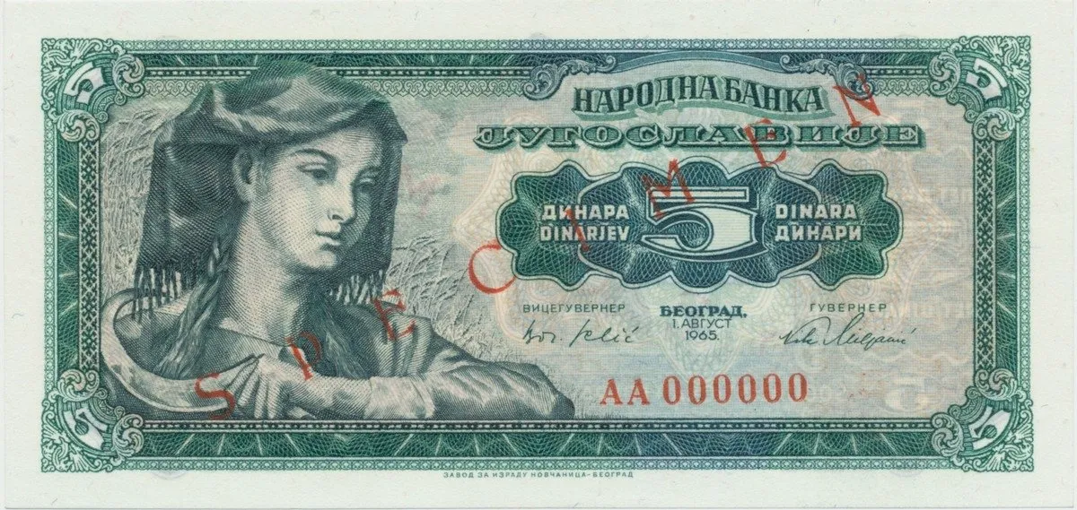 Jugoslávie, 5 Dinara 1965, anulát - SPECIMEN, P.77s