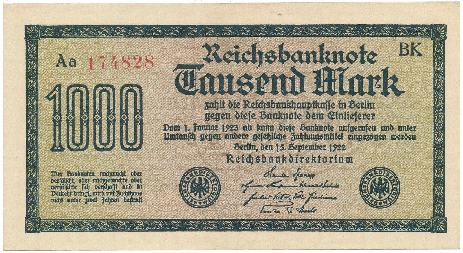 Německo, 1000 Mark 1922, vod. Mäander, červené 6-místné číslo, Ro.75g