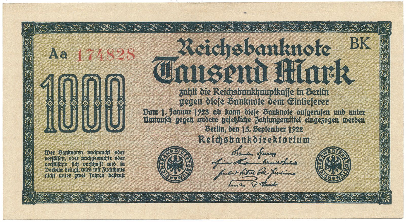 Německo, 1000 Mark 1922, vod. Mäander, červené 6-místné číslo, Ro.75g