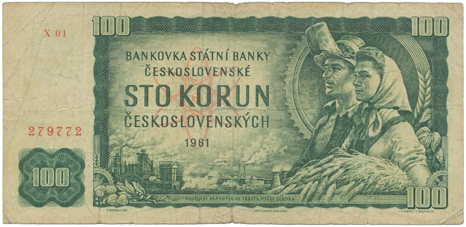 Československo, 100 Koruna 1961, I. vydání, první série X 01, Hej.101dX