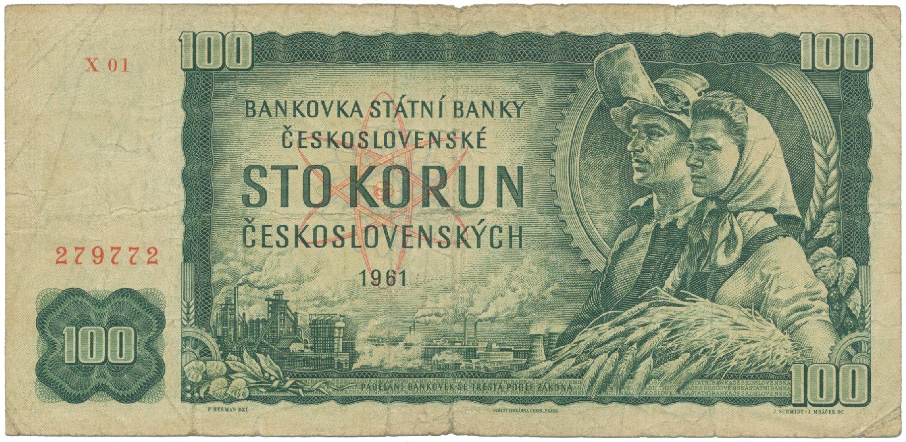 Československo, 100 Koruna 1961, I. vydání, první série X 01, Hej.101dX