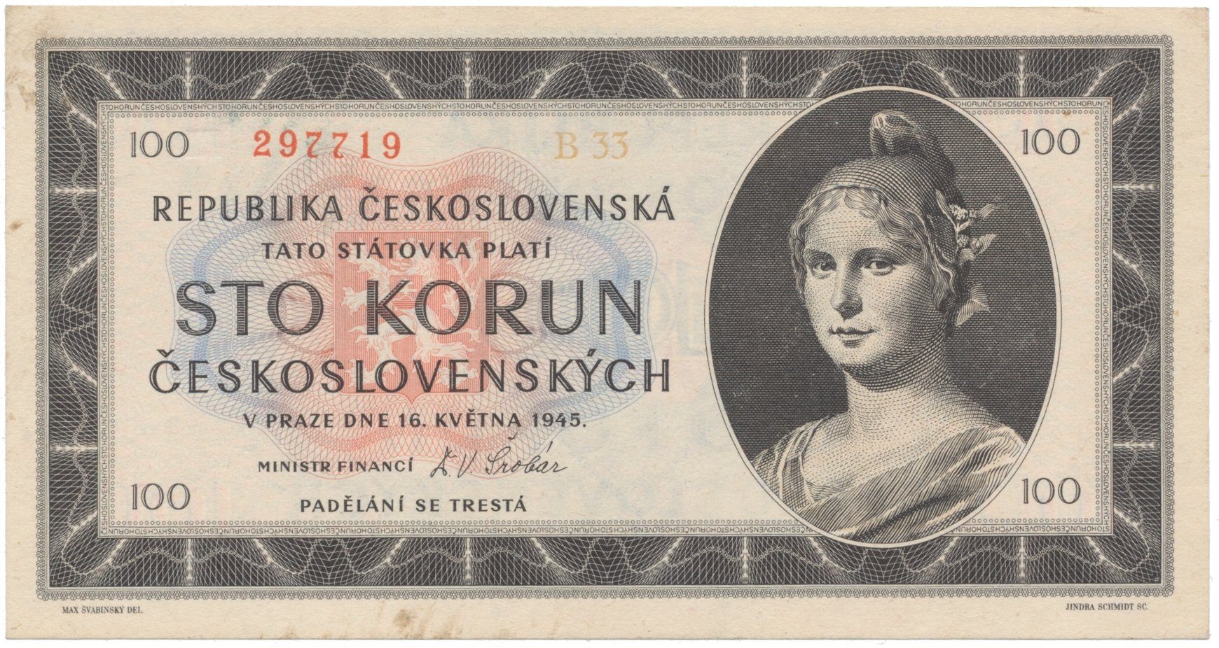100 Koruna 1945, série B 33, Hej.77a
