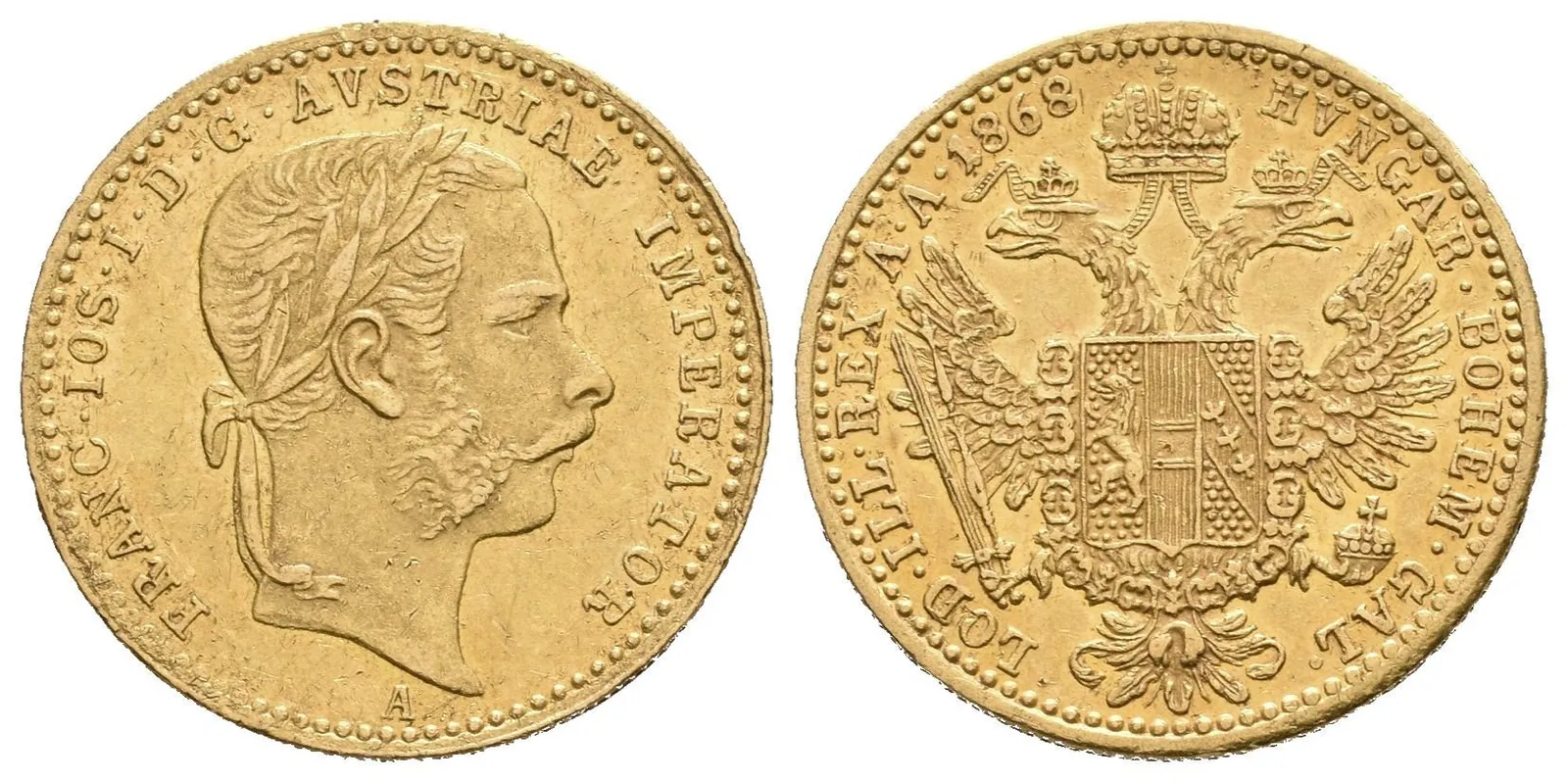 Dukát 1868 A, lehké zbytky lesku, patina, rysky a hranky — 1