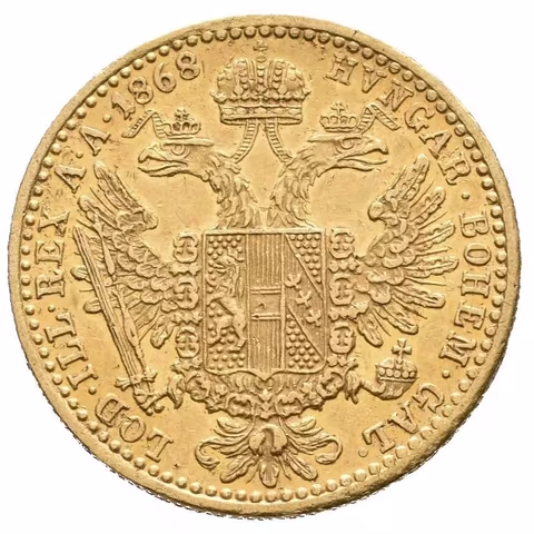Dukát 1868 A, lehké zbytky lesku, patina, rysky a hranky