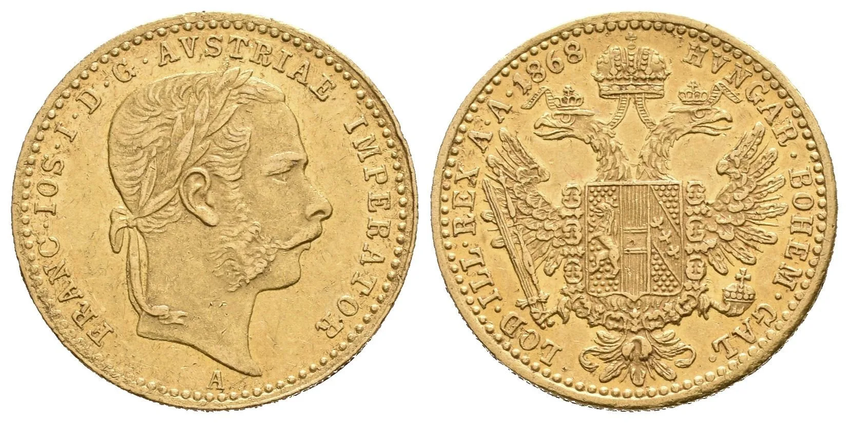 Dukát 1868 A, lehké zbytky lesku, patina, rysky a hranky — 1