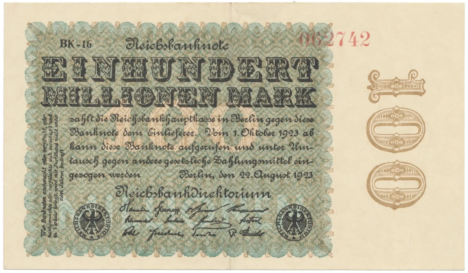 Německo, 100 Millionen Mark 1923, Ringe, Ro.106q
