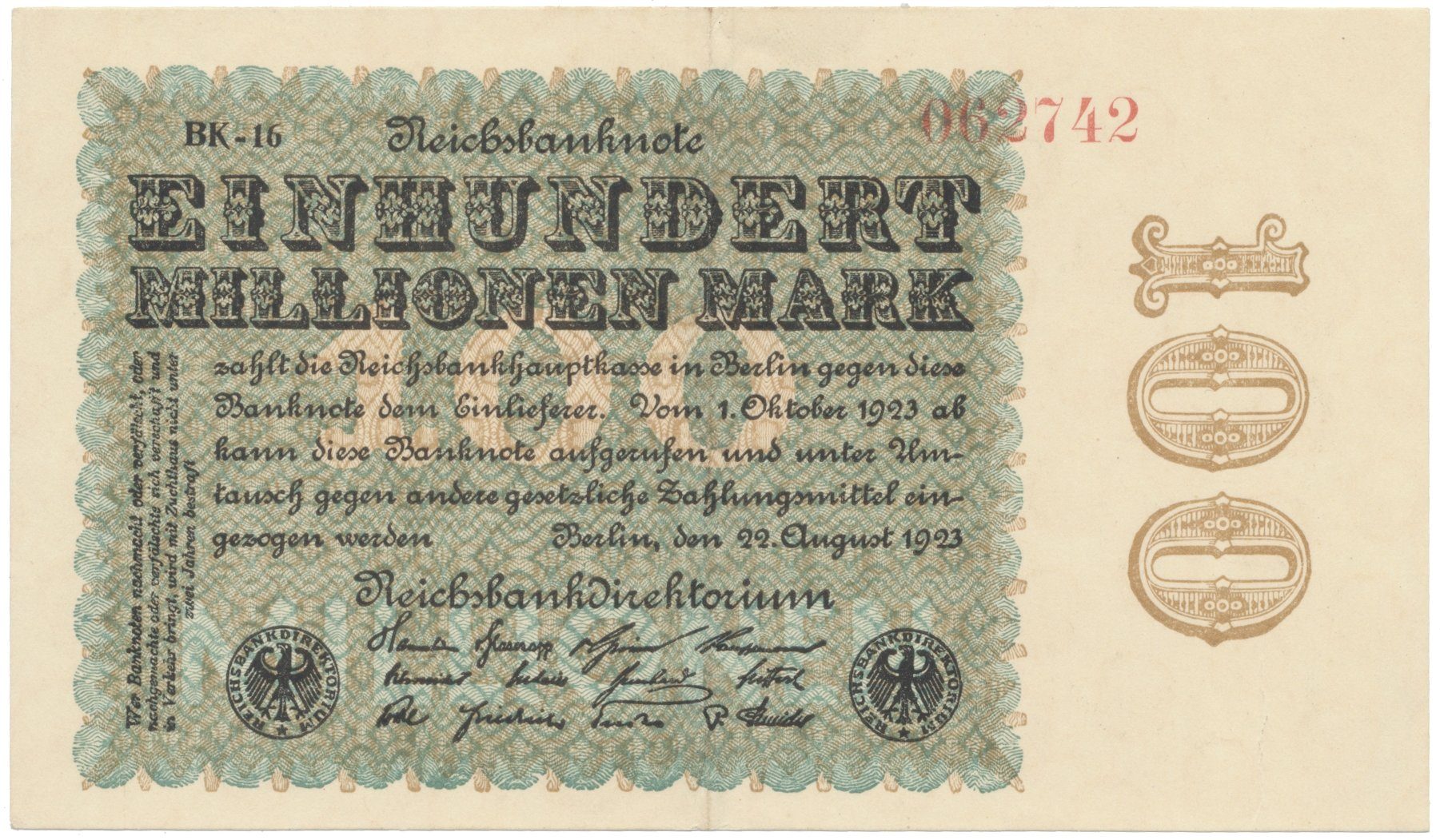 Německo, 100 Millionen Mark 1923, Ringe, Ro.106q