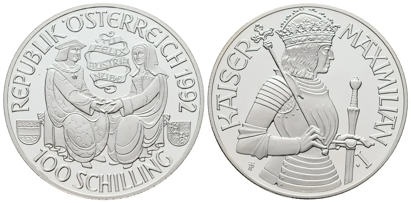 Rakousko, 100 Schilling 1992 - Císař Maximilian I.