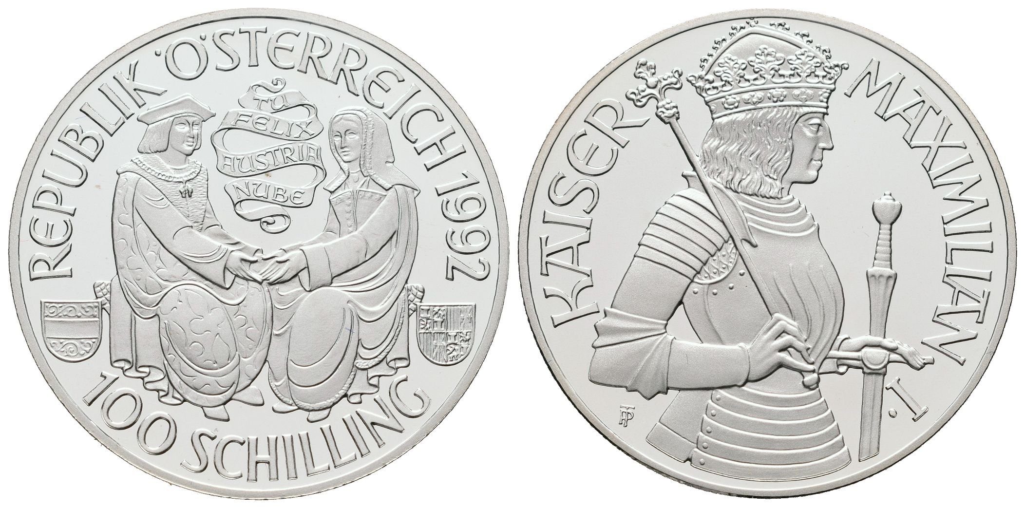 Rakousko, 100 Schilling 1992 - Císař Maximilian I.