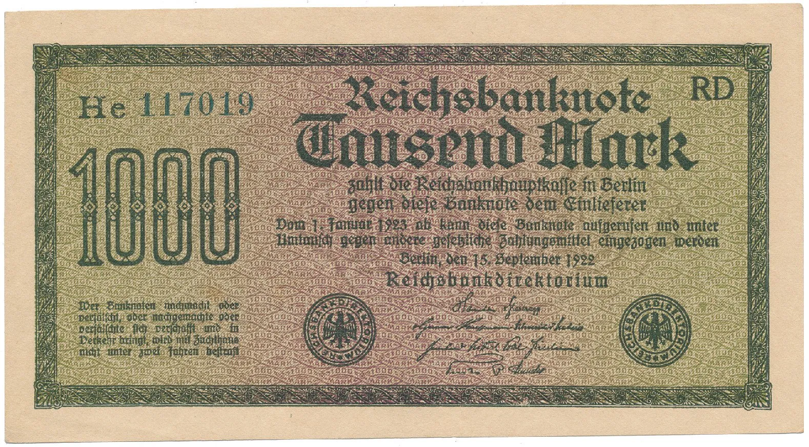Německo, 1000 Mark 1922, vod. Gitter, zelené 6-místné číslo, Ro.75m