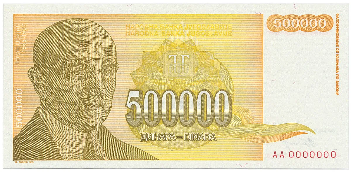 Jugoslávie, 500.000 Dinara 1994, anulát AA 0000000, P.143
