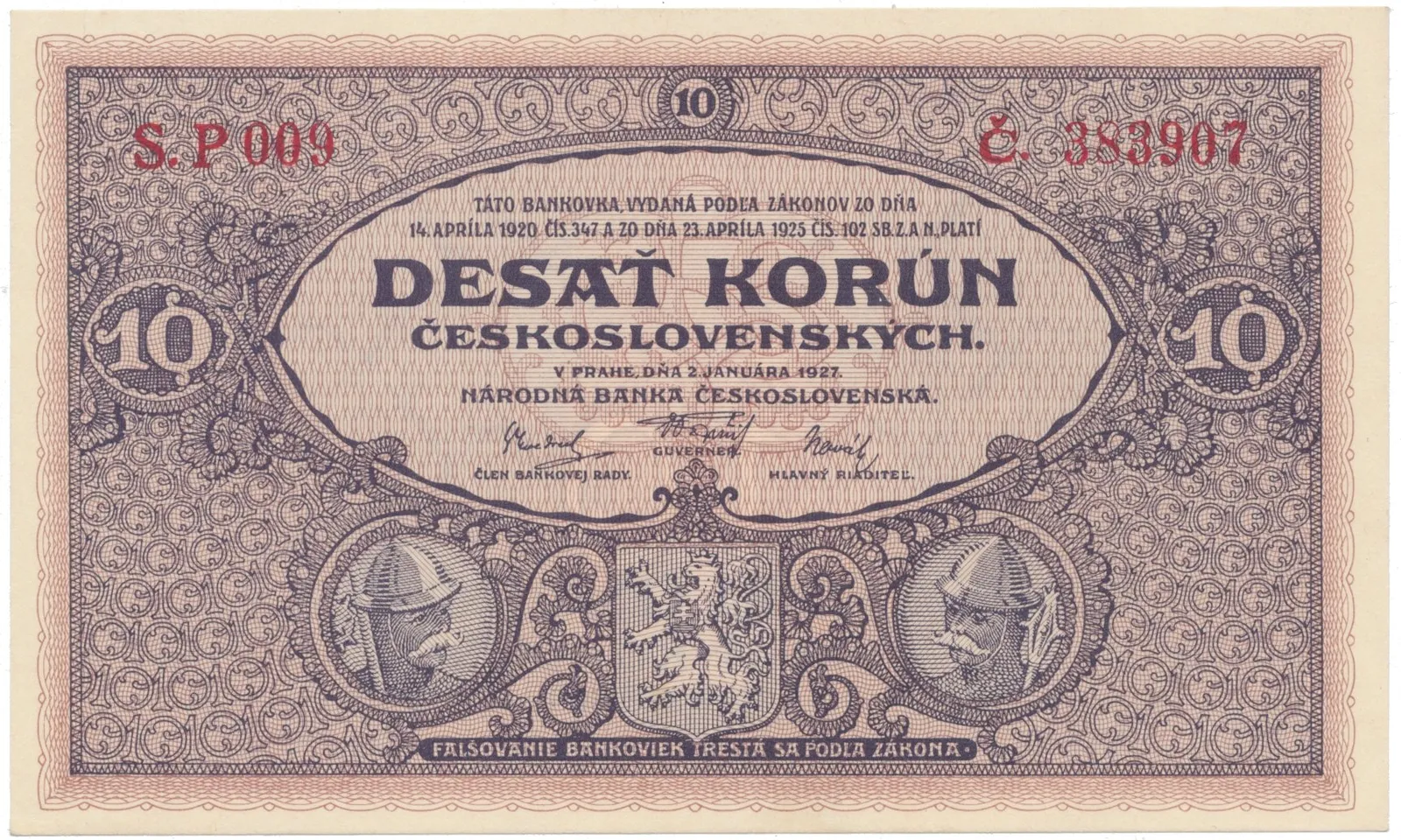 10 Koruna 1927, série P 009, Hej.22a
