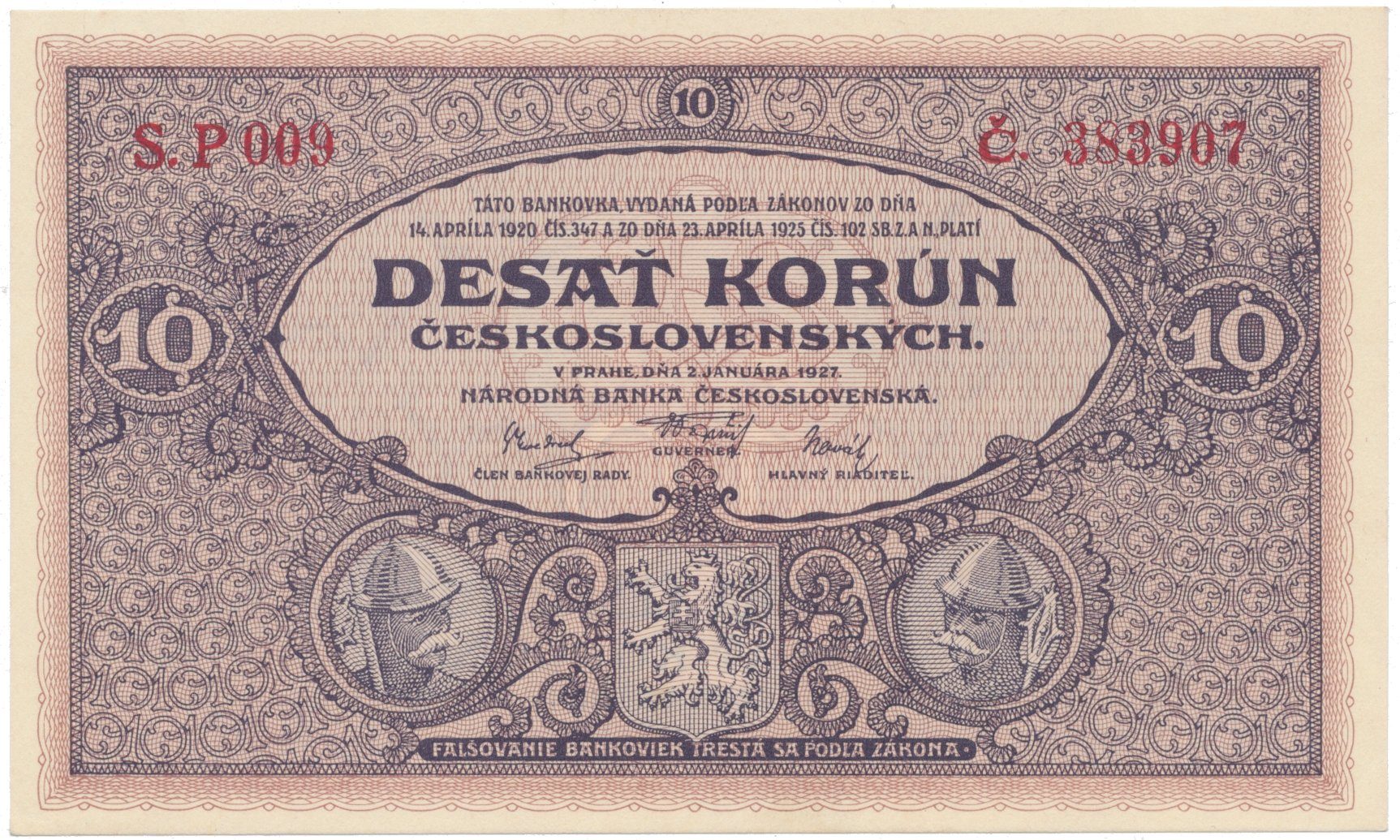 10 Koruna 1927, série P 009, Hej.22a