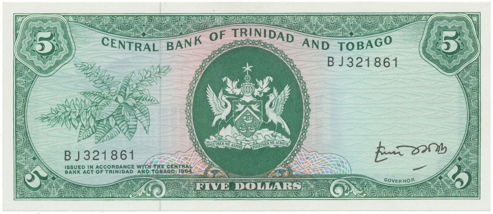 Trinidad a Tobago, 5 Dollars (1977), vzácná varianta, P.31b