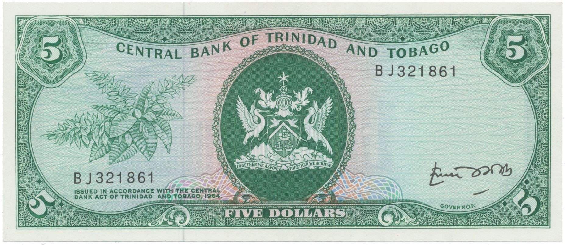 Trinidad a Tobago, 5 Dollars (1977), vzácná varianta, P.31b