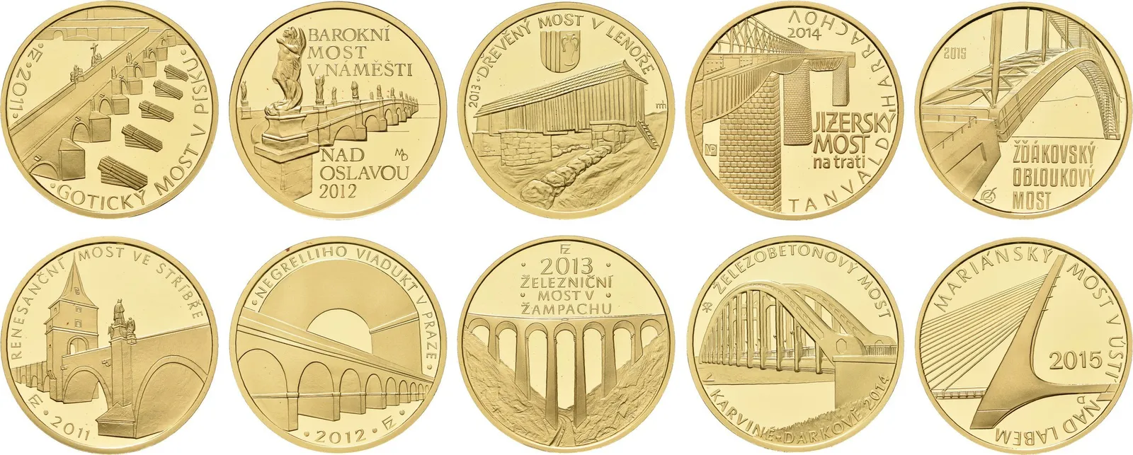 Sada zlatých mincí 5000 Kč - Mosty 2011 - 2015, luxusní dřevěná etue, certifikáty_10 ks — 1