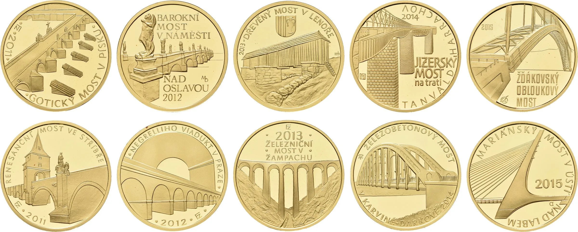 Sada zlatých mincí 5000 Kč - Mosty 2011 - 2015, luxusní dřevěná etue, certifikáty_10 ks — 1