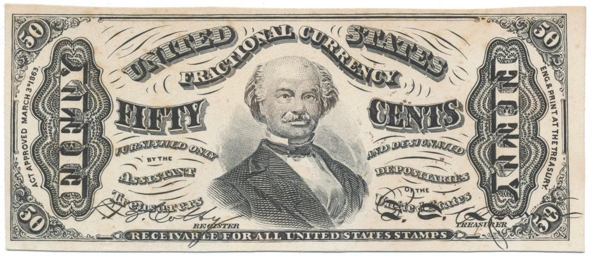 USA, 50 Cents 1863, zkušební nátisk lícní strany na kartónu, P.110s