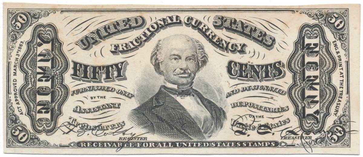 USA, 50 Cents 1863, zkušební nátisk lícní strany na kartónu, P.110s