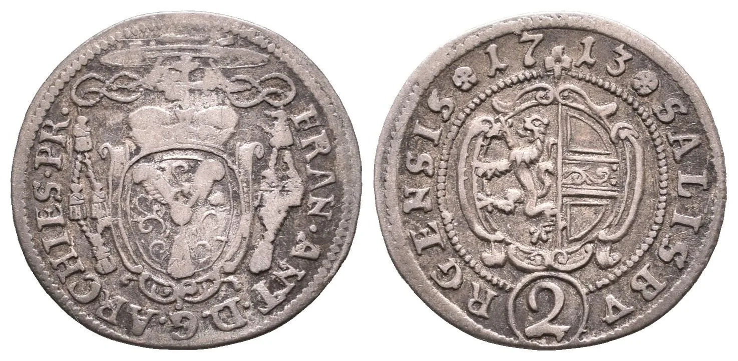 1/2 Batzen (2 Krejcar) 1713, Šm.51-C-16, tmavá patina, starý sáček — 1