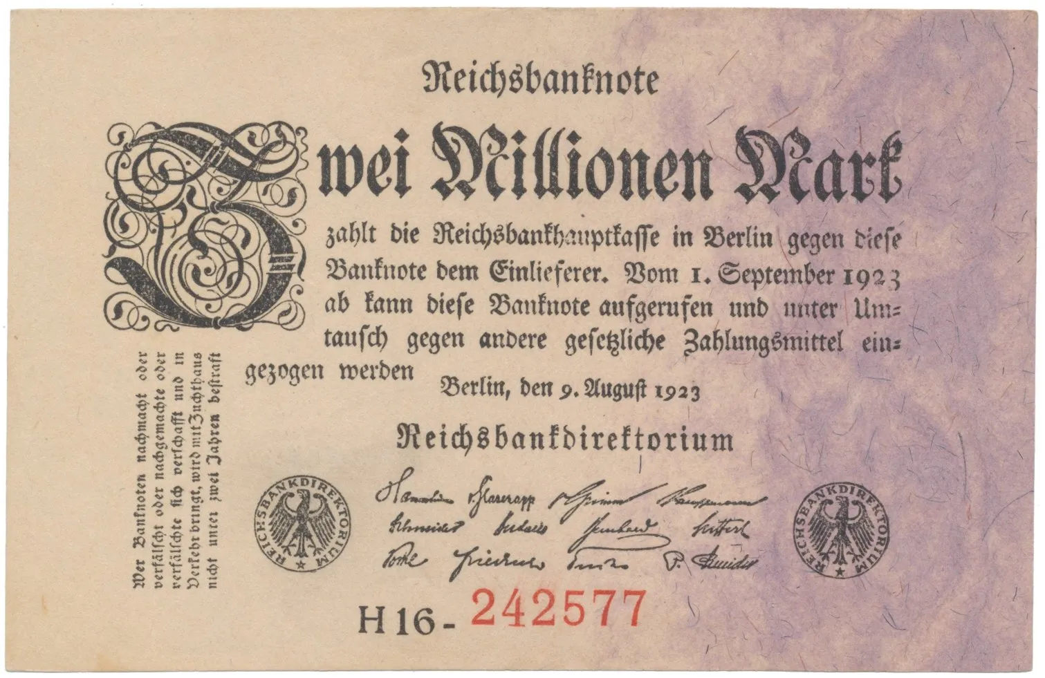 Německo, 2 Millionen Mark 1923, Ro.102b