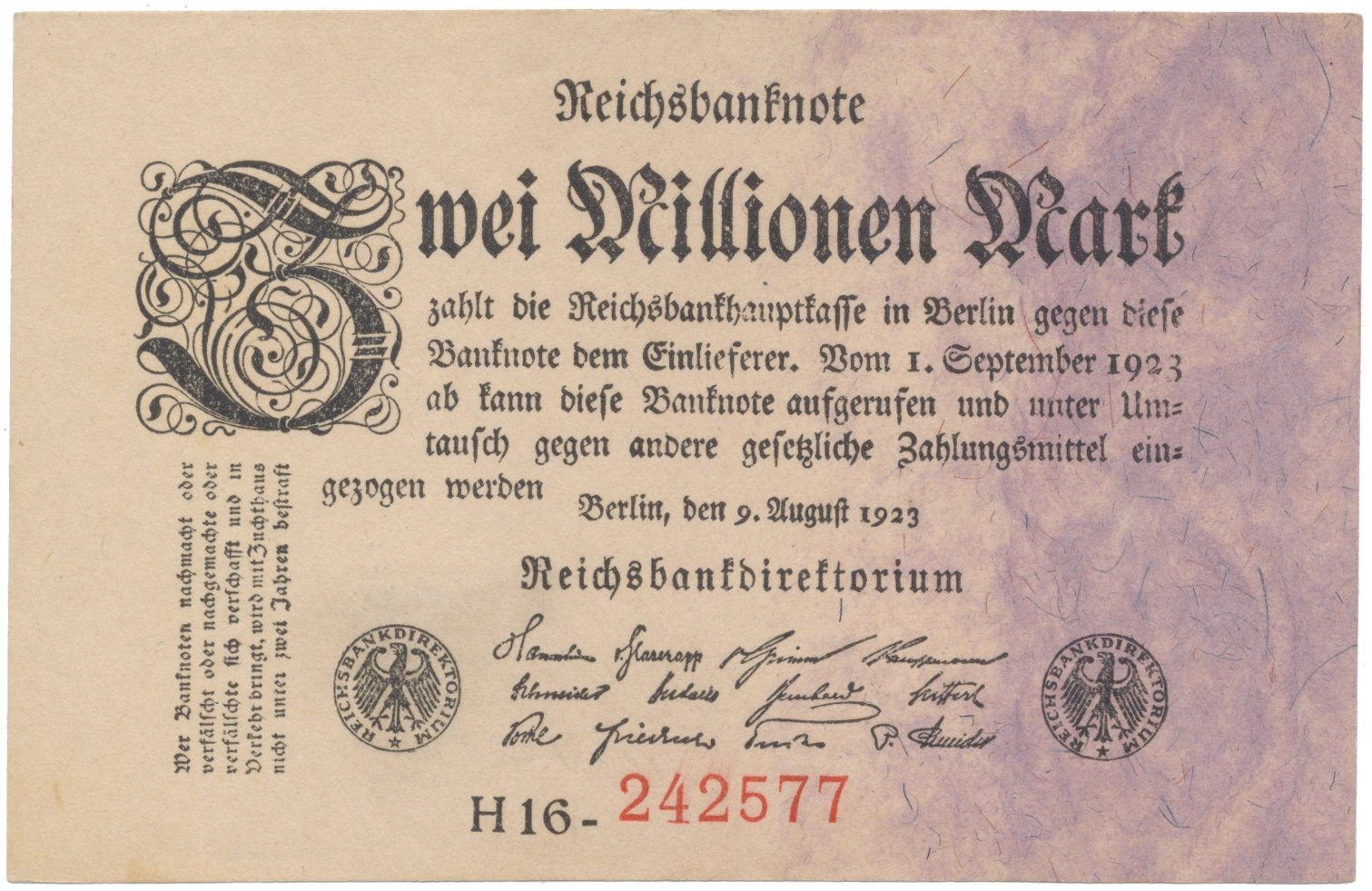 Německo, 2 Millionen Mark 1923, Ro.102b