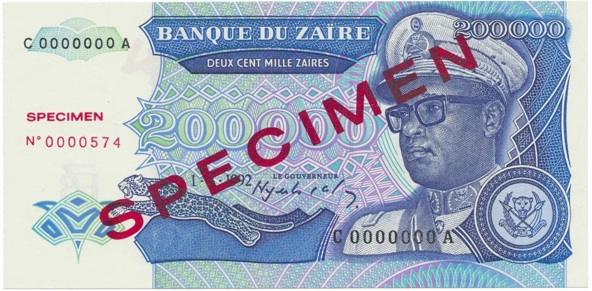 Zaire, 200.000 Zaires 1992, anulát - SPECIMEN, P.42s