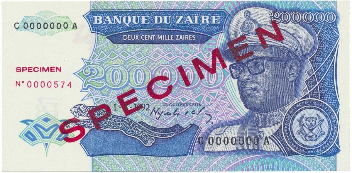 Zaire, 200.000 Zaires 1992, anulát - SPECIMEN, P.42s