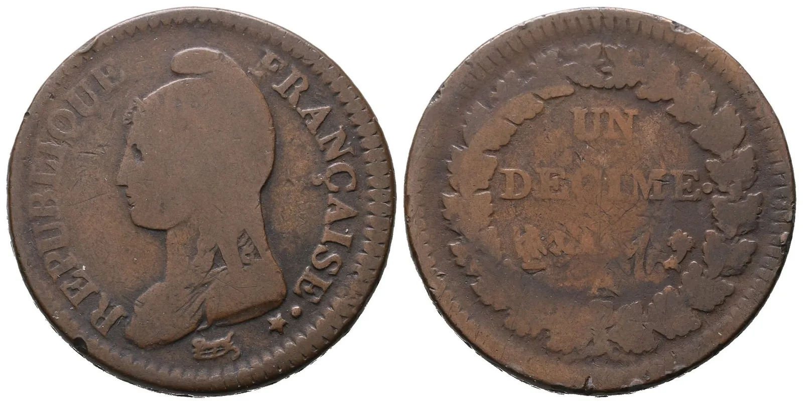 Francie Republika, 1 Decime (1797 - 1798) A, přeražba