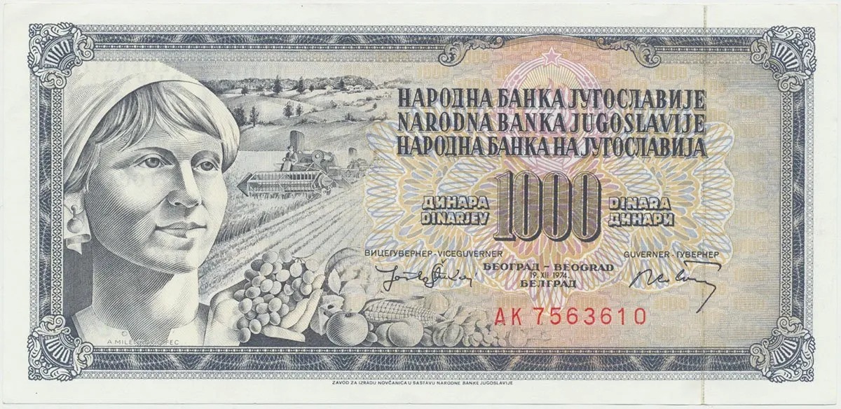 Jugoslávie, 1000 Dinara 1974, P.86