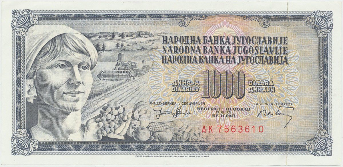 Jugoslávie, 1000 Dinara 1974, P.86