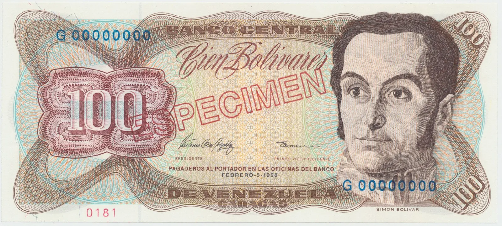 Venezuela, 100 Bolivares 1998, anulát - ESPECIMEN, P.66fs