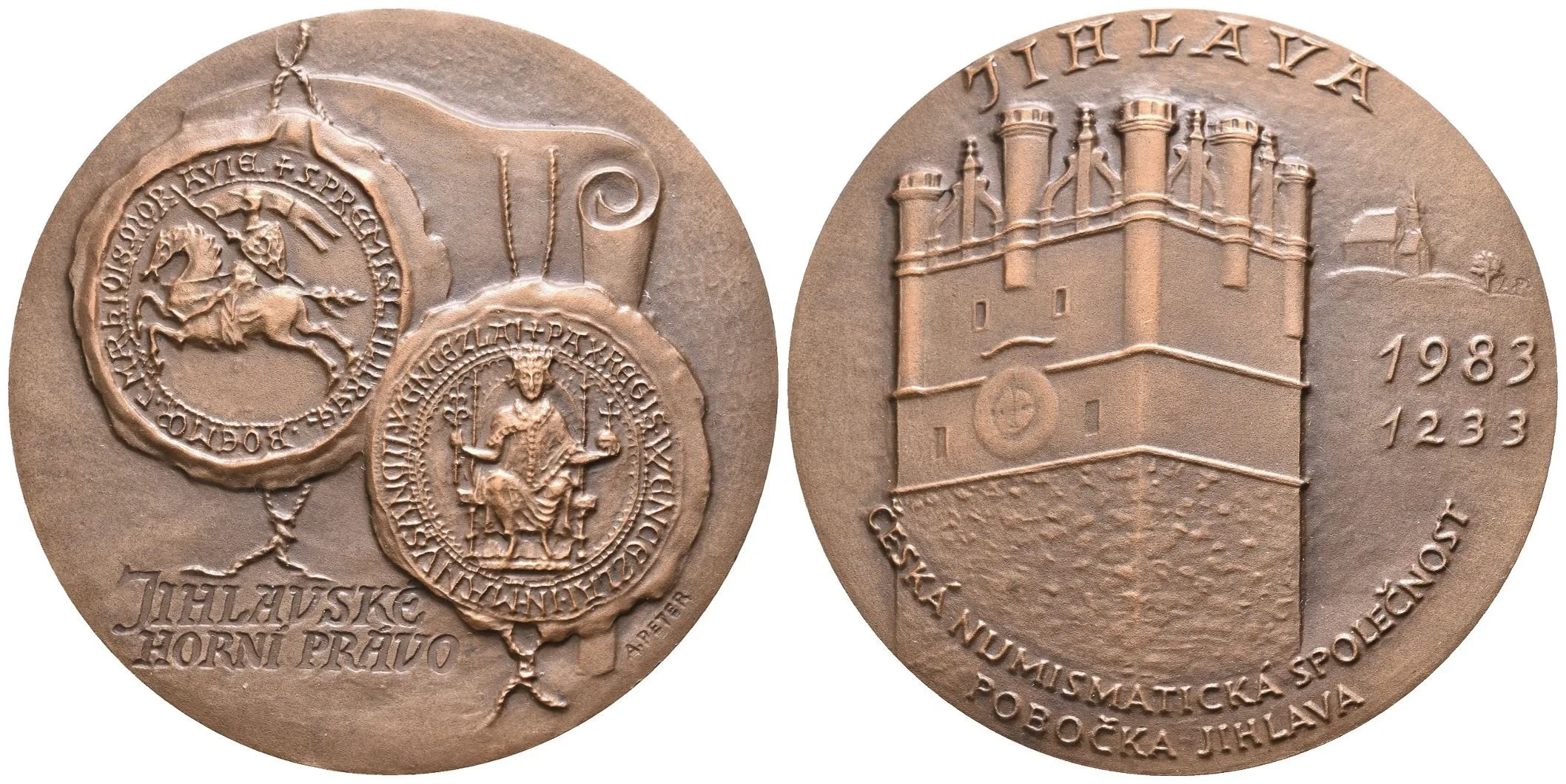 AE Medaile 1984 (A. Peter) - K 750. výročí Jihlavského horního práva. Pat. bronz 64 mm — 1