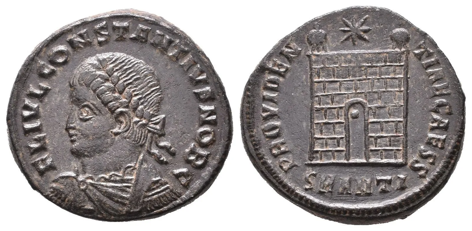 AE 3, Antiochia, 330 - 333, 335, Rv: PROVIDENTIAE CAESS, táborová brána — 1
