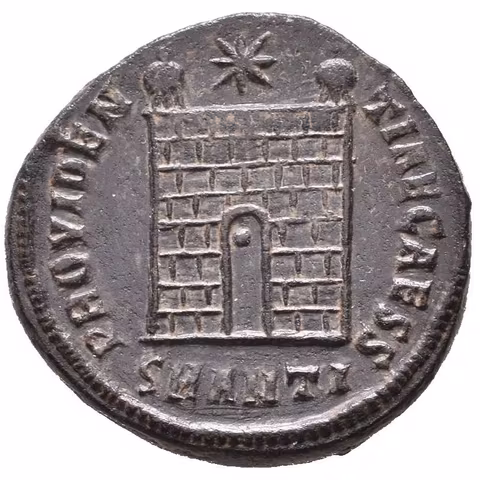 AE 3, Antiochia, 330 - 333, 335, Rv: PROVIDENTIAE CAESS, táborová brána