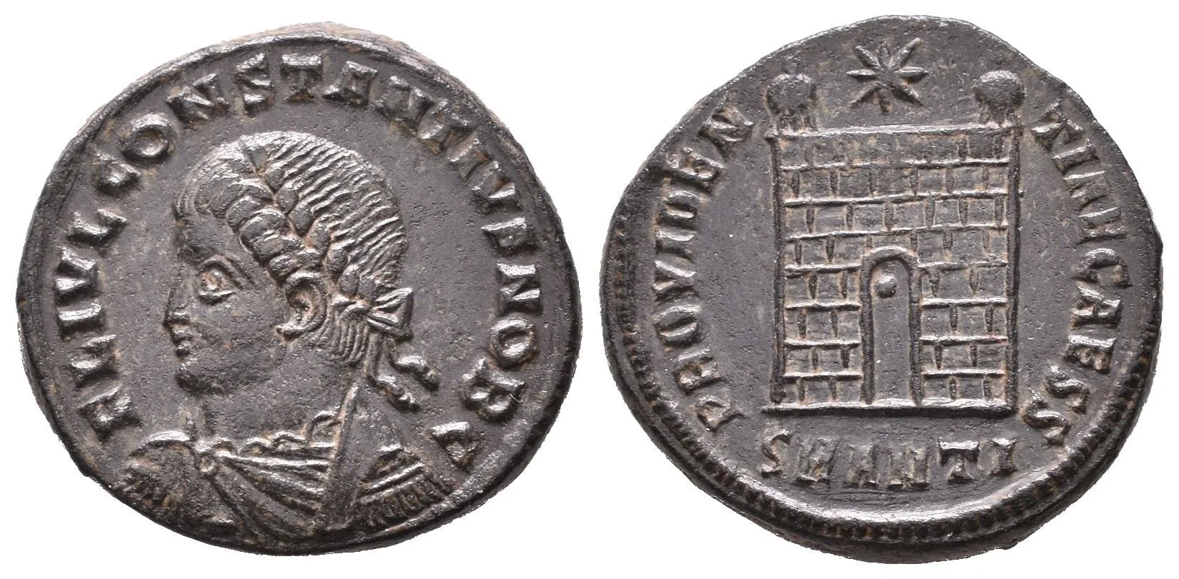 AE 3, Antiochia, 330 - 333, 335, Rv: PROVIDENTIAE CAESS, táborová brána — 1