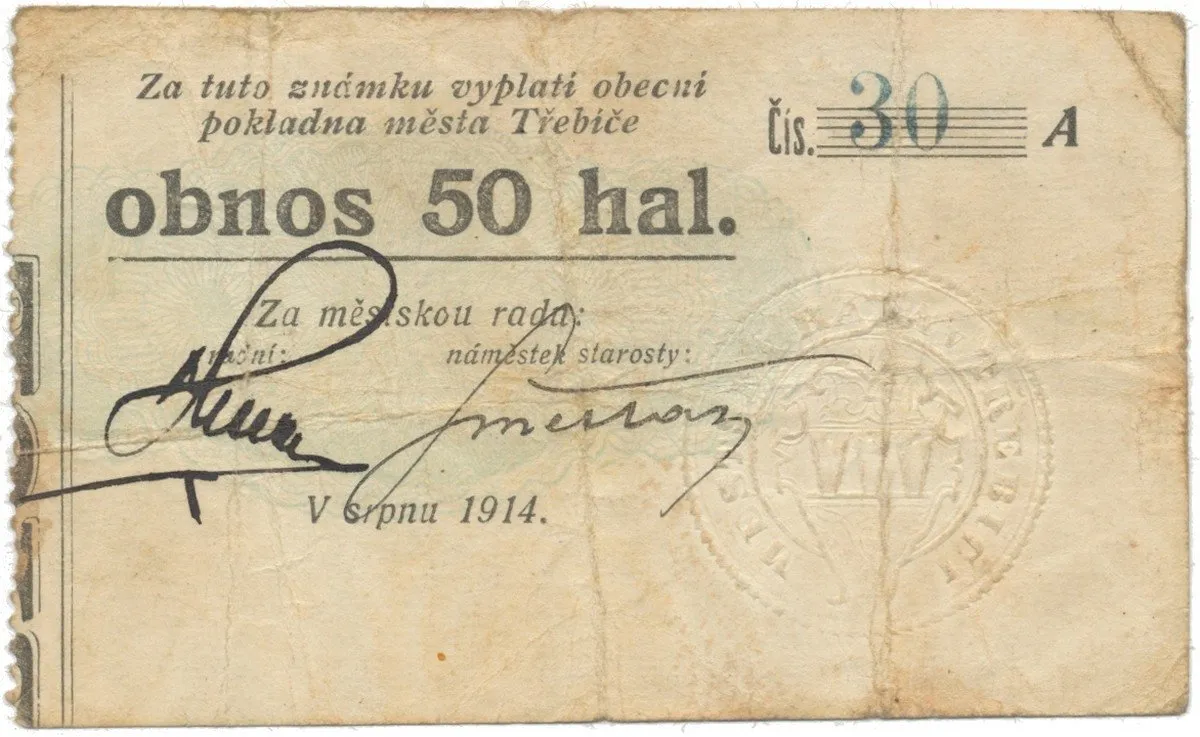 Třebíč - město, 50 hal srpen 1914, série A, nízké kontrolní číslo, HH.223.5.4b