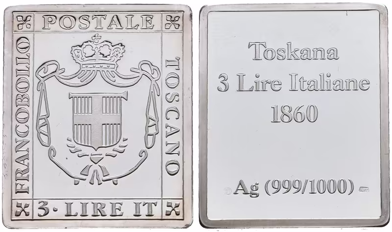 Stříbrná známka - Toskánsko 3 italské liry 1860