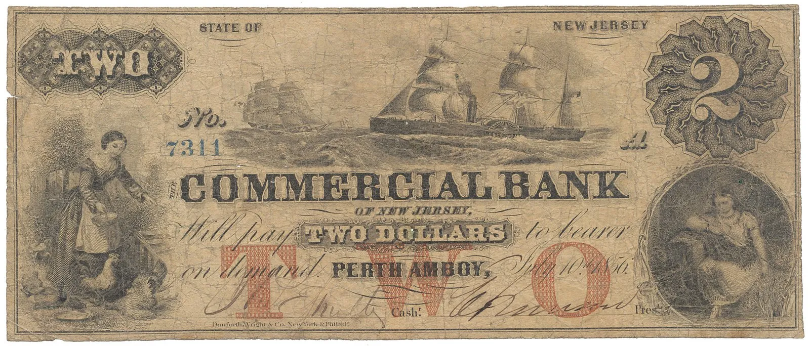 USA, New Jersey, Perth Amboy, The Commercial Bank of New Jersey, 2 Dollars 10. 7. 1856