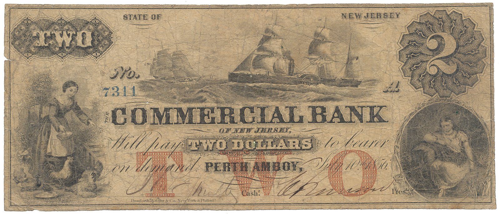USA, New Jersey, Perth Amboy, The Commercial Bank of New Jersey, 2 Dollars 10. 7. 1856
